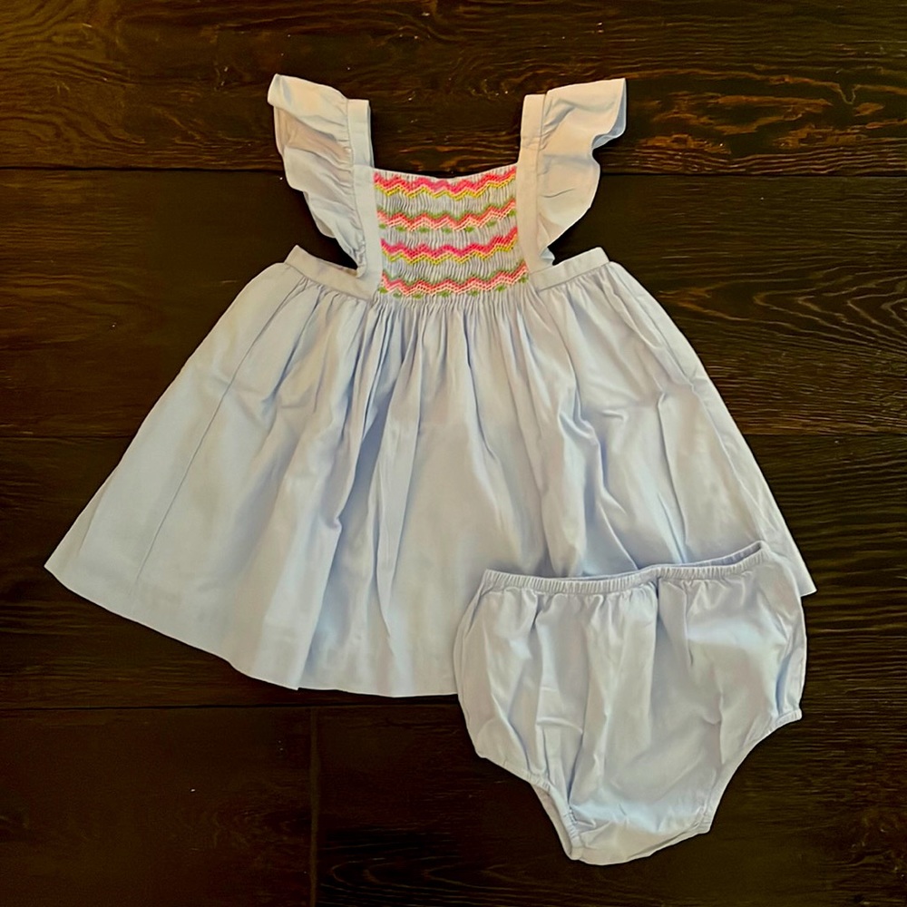 Jacadi blue smocked dress with bloomers - 18 months perfect condition